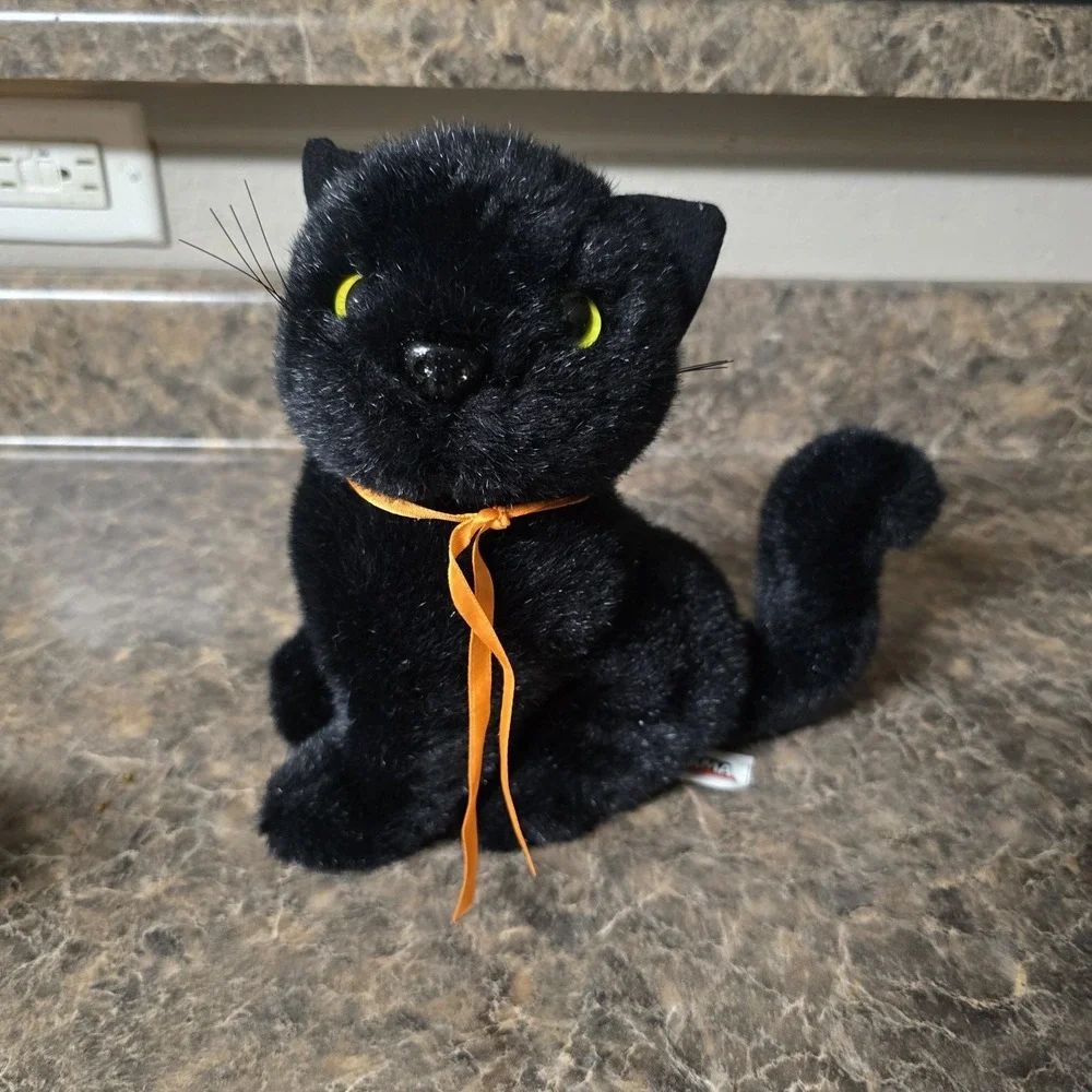 Vintage Toy-O-Rama Halloween Black Cat Plush Green Eyes 9